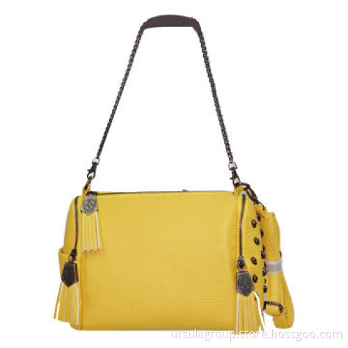 Hobo Handbag with Fake Lock Closure and Two Front Pockets with Rings Decoration